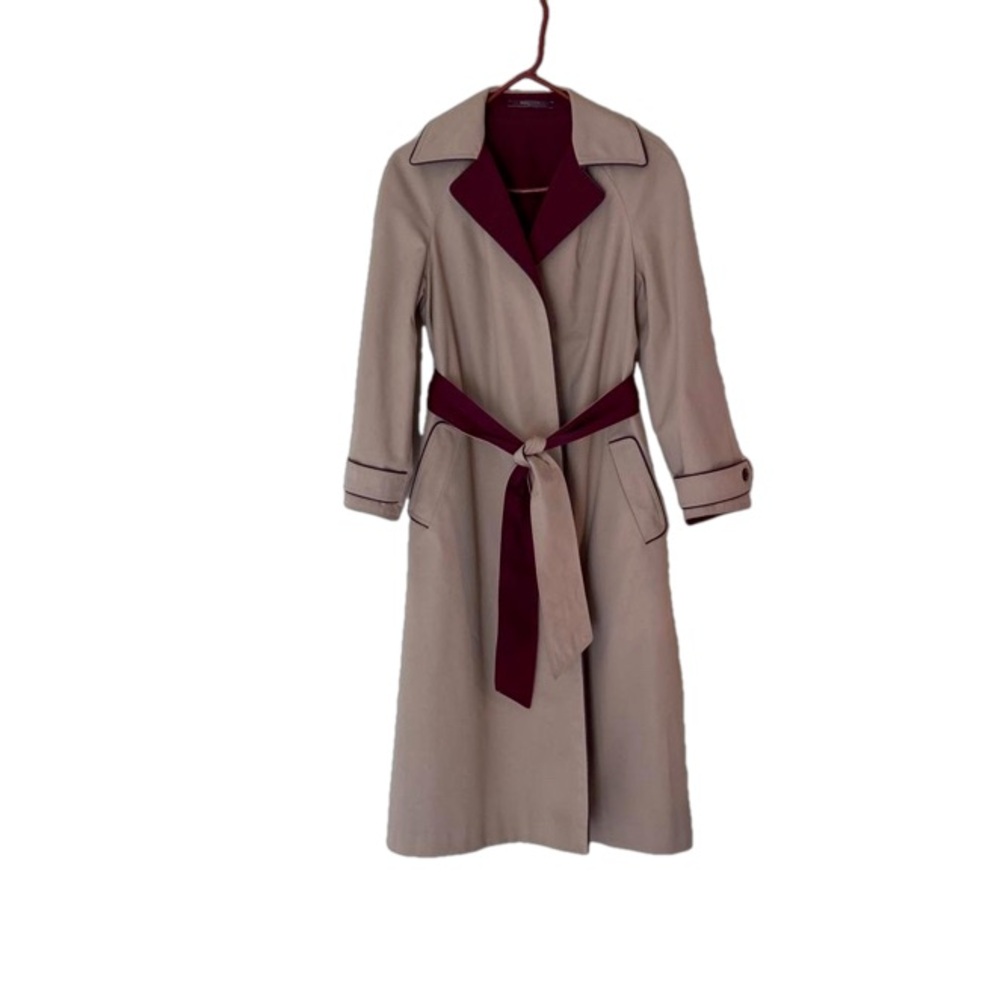 Vintage Etienne Aigner Reversible Burgundy Tan Trench Coat Belted Wrap Size 6